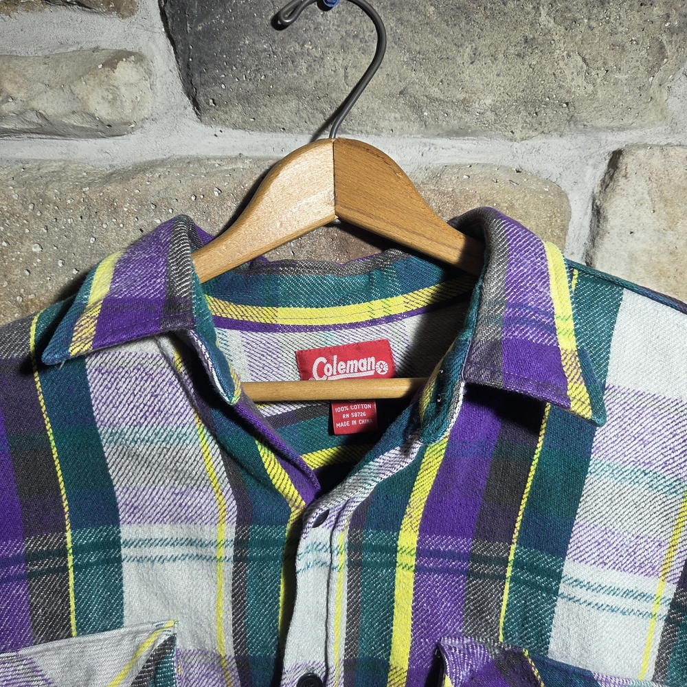 Coleman Mens Flannel Shirt Large L Plaid Cotton Purple Yellow Green Long Sleeve - Picture 3 of 9